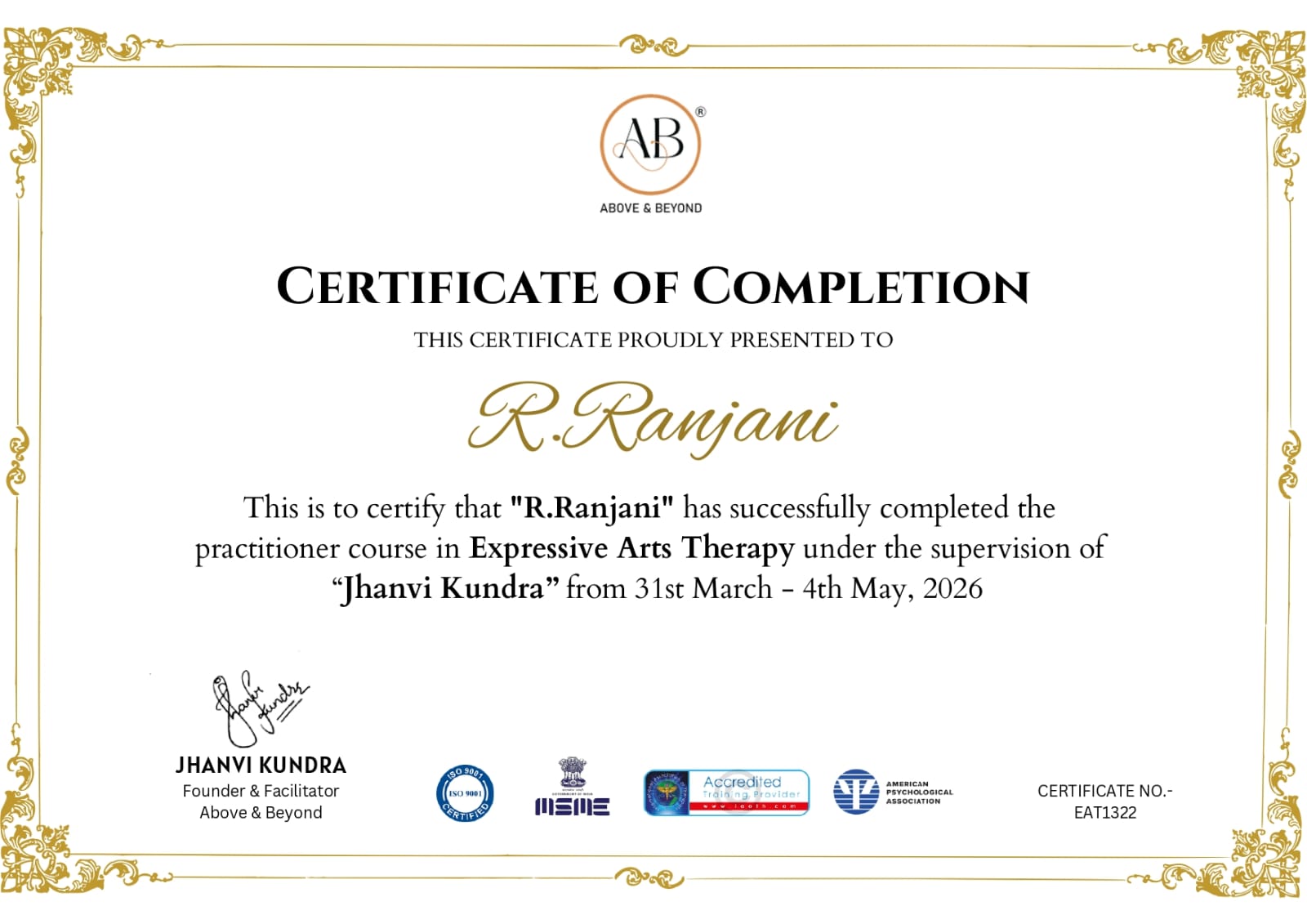Expressive Arts Therapy Practitioner Certification — R. Ranjani