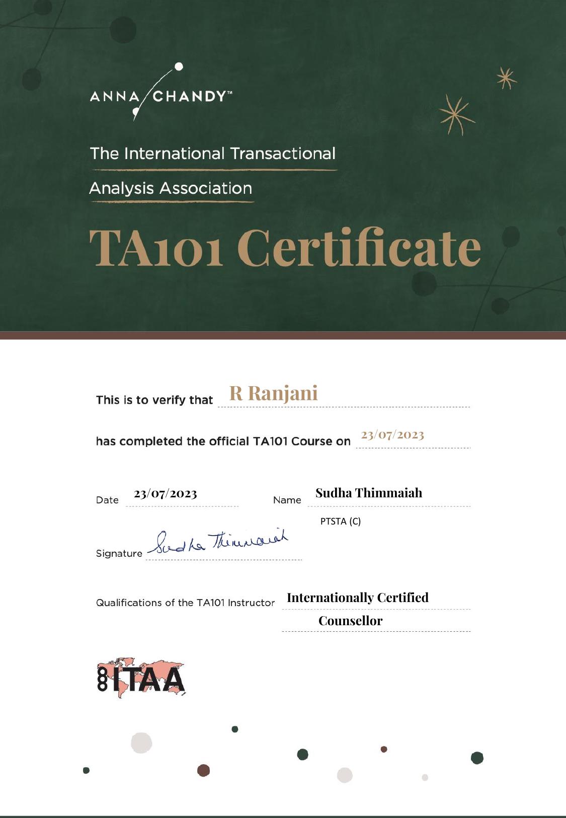 Certification awarded to Ranjani R