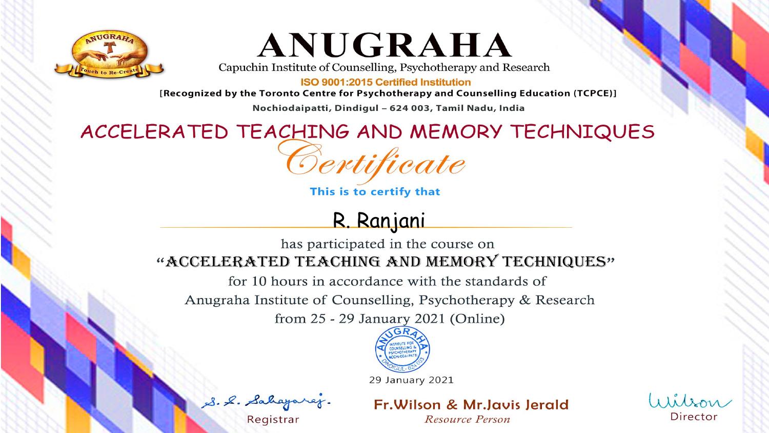 Certification awarded to R. Ranjani